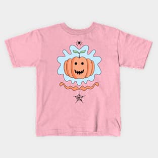 Cute Cartoon Halloween Pumpkin with spider and spider web Kids T-Shirt